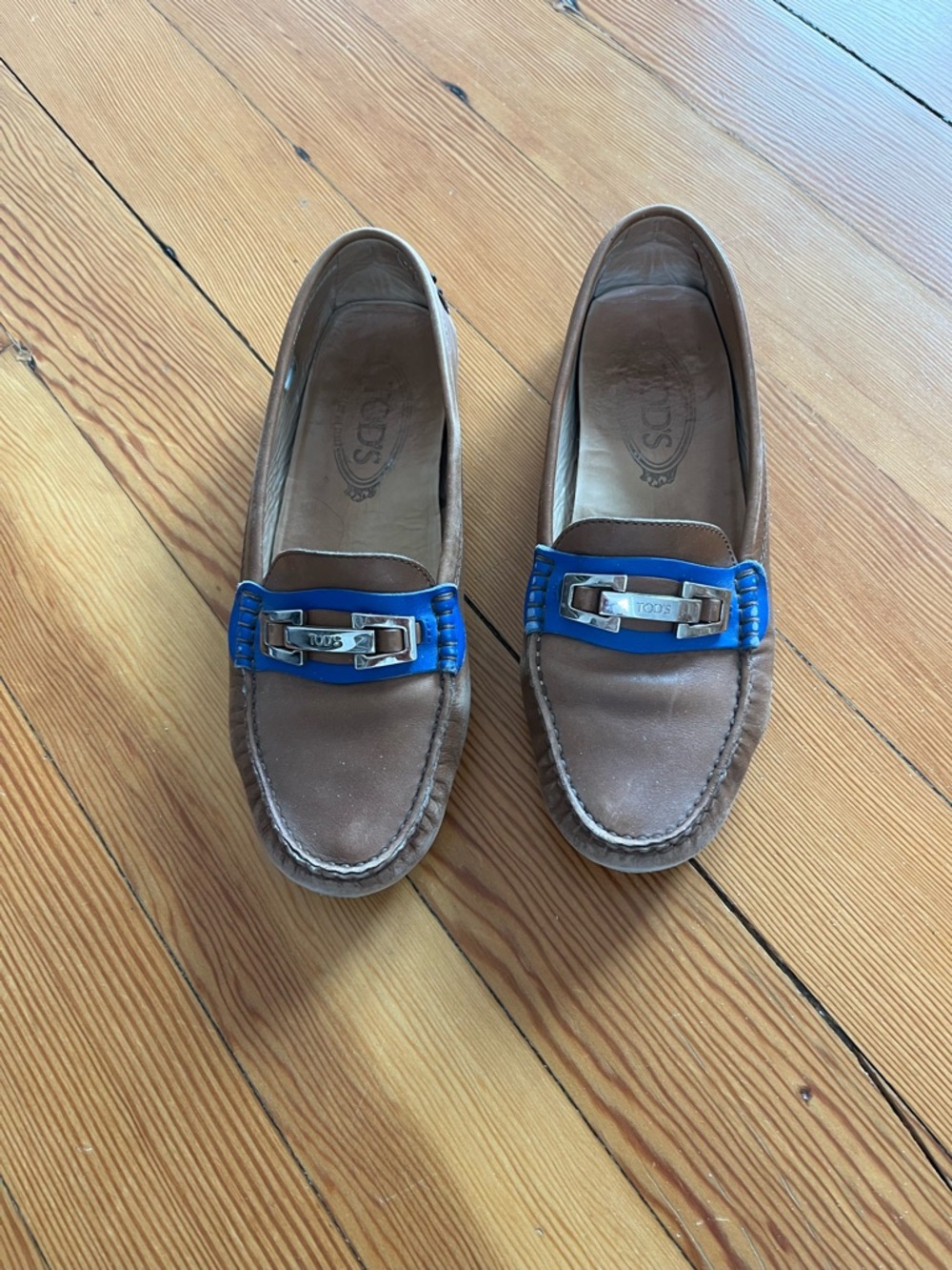 TOD'S Brown Leather Loafers with Blue Buckle Detail